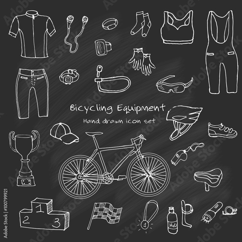 Bicycle equipment hand drawn set, doodle vector illustration of various stylized bicycle icons, bicycling equipment and accessories icons sketch collection, bicycling gear, cycling cloth and shoes