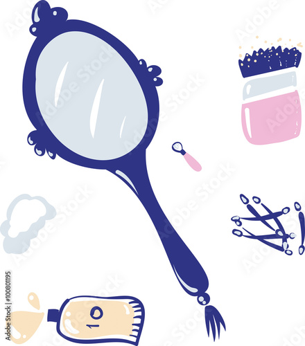 Vintage Blue hand mirror isolated on white vector icon illustration with accessories