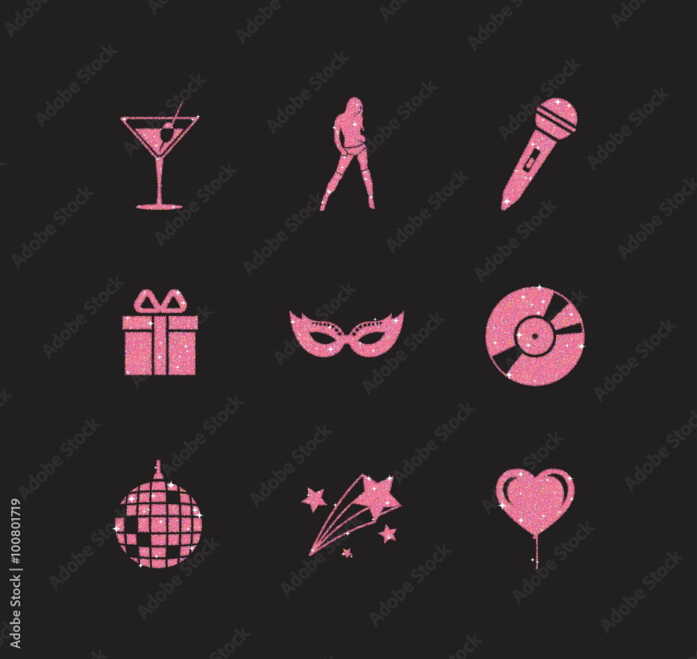 A collection of sparkling pink glitter stylized fancy night club and party icons for flier, banner, typography, web, design. A collection of sparkling pink glitter stylized fancy night club and party icons for flier, banner, typography, web, design.