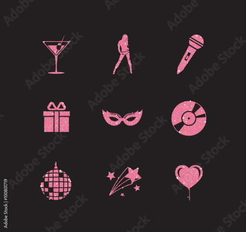A collection of sparkling pink glitter stylized fancy night club and party icons for flier, banner, typography, web, design. 