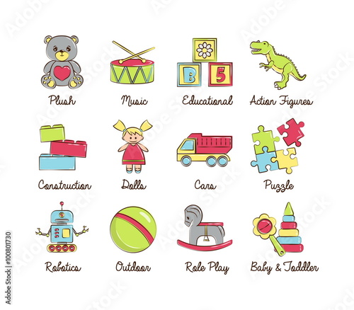 A collection of colorful modern cartoon outlined icons for various toys' kinds and categories for kids, babies and toddlers, boys and girls. For web, presentations, stickers, etc.