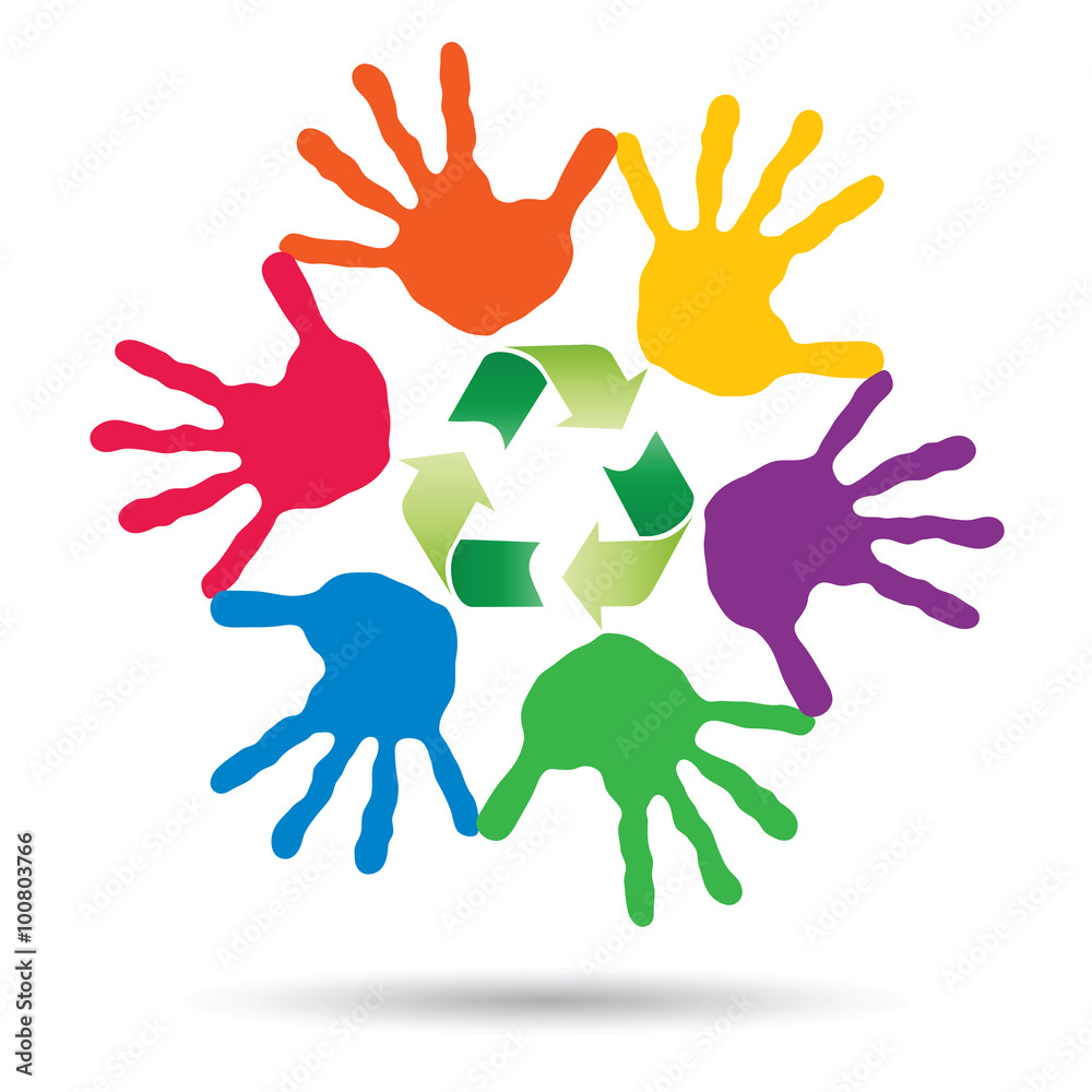 Concept circle of hands, green recycle symbol Concept circle of hands, green recycle symbol