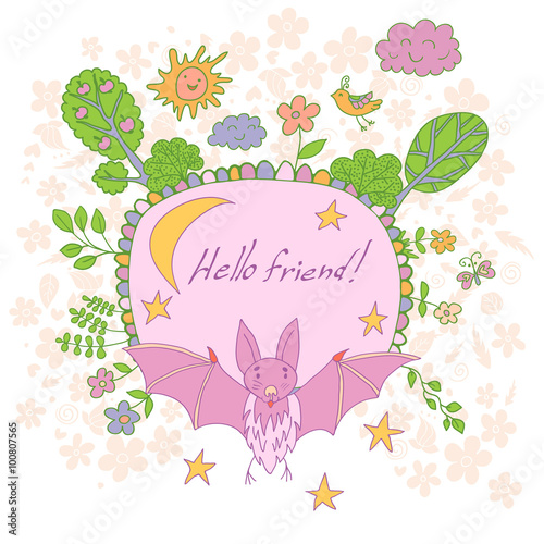 Stylish cartoon card made of cute flowers, doodled bat, trees, b