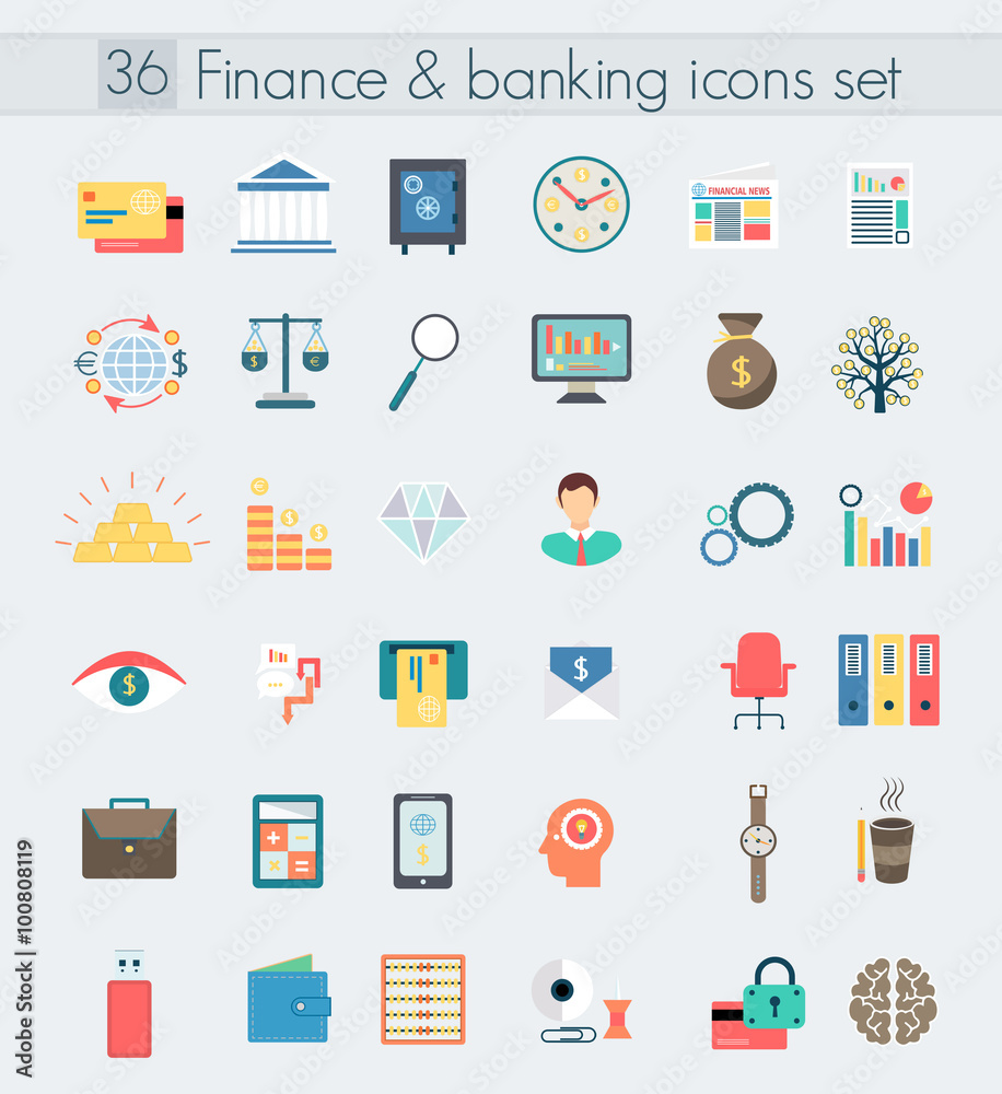 Finance banking modern design flat icons set. Finance banking modern design flat icons set.