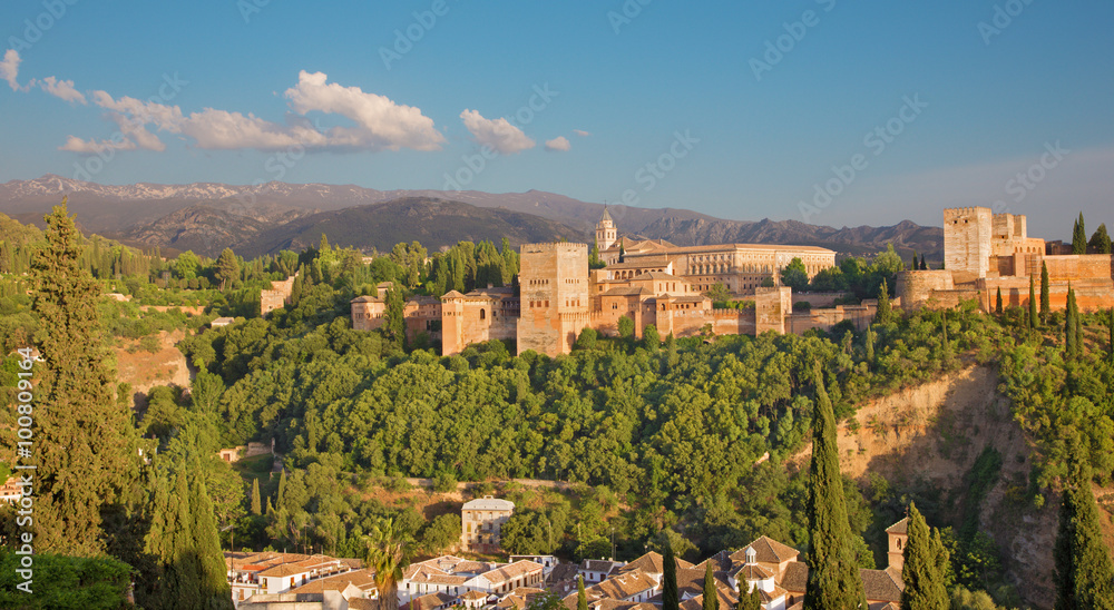 Granada - The Alhambra palace and fortress complex in evening light.