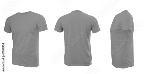 Light grey man's T-shirt with short sleeves with rear and side view on a white background