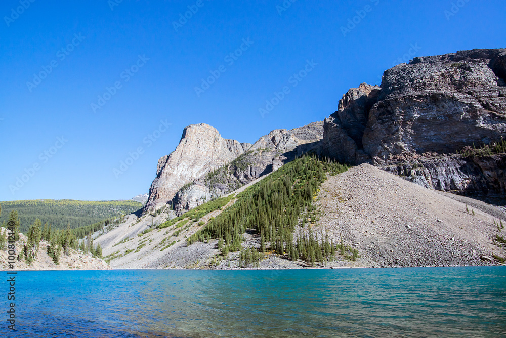 beautiful waters of moraine lake in front of a forest and a peak in the national park of banff in the rocky mountains of alberta canada beautiful waters of moraine lake in front of a forest and a peak in the national park of banff in the rocky mountains of alberta canada