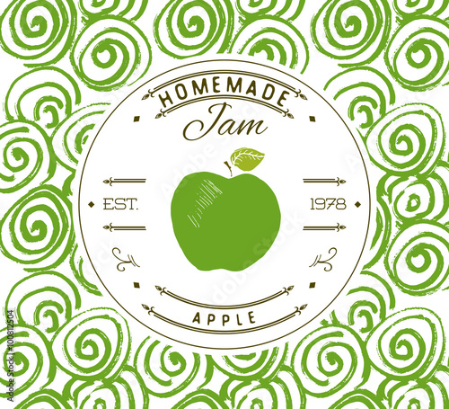 Jam label design template. for apple dessert product with hand drawn sketched fruit and background. Doodle vector apple illustration brand identity