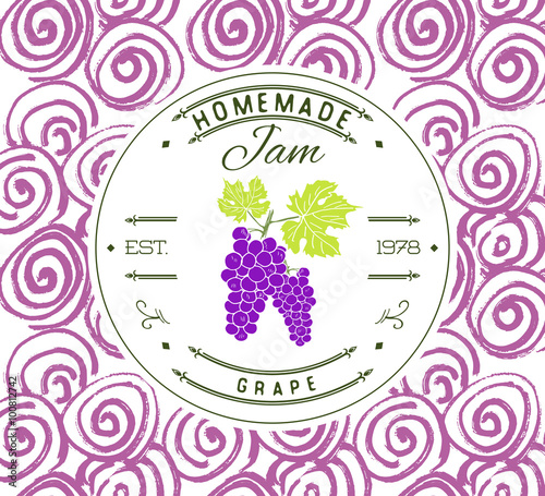 Jam label design template. for grape dessert product with hand drawn sketched fruit and background. Doodle vector Grape illustration brand identity