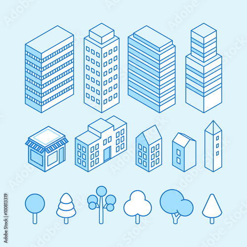 Vector city landscape isometric illustration and icons set - map design elements
