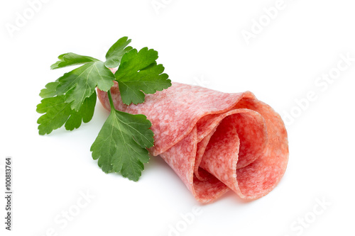 Sausage slices isolated on white background cutout.