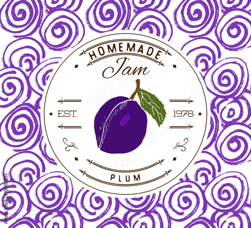 Jam label design template. for plum dessert product with hand drawn sketched fruit and background. Doodle vector plum illustration brand identity