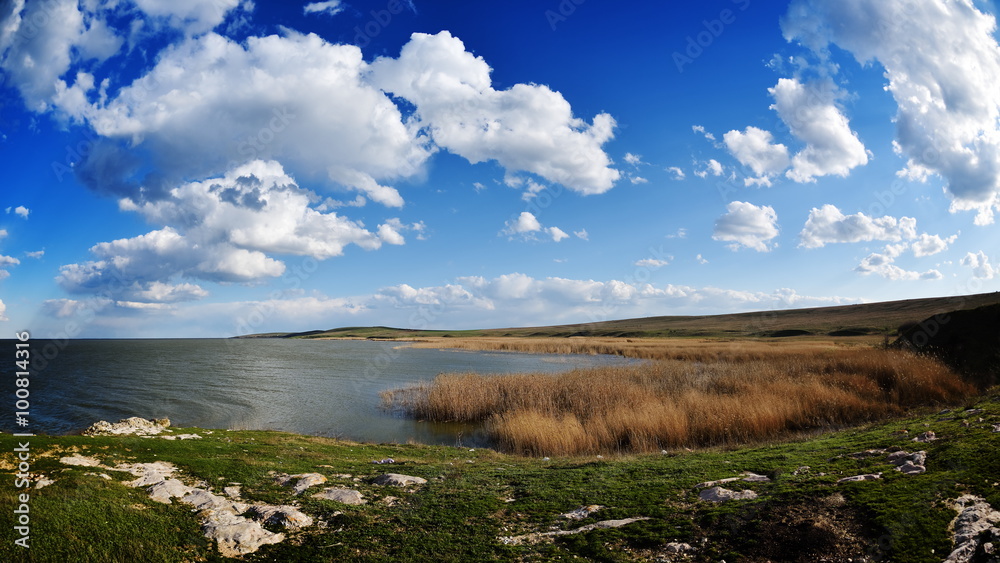 rocky shore of Razelm lake, Romania