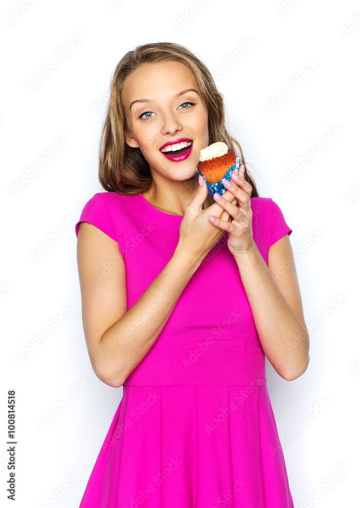 happy woman or teen girl with birthday cupcake happy woman or teen girl with birthday cupcake