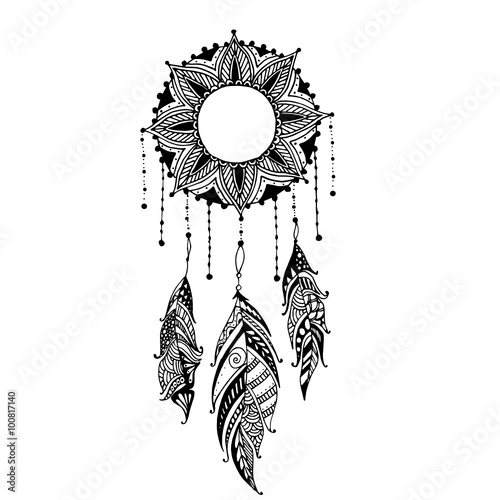 Hand-drawn moon sun mandala dreamcatcher with feathers. Ethnic illustration, tribal, American Indians traditional symbol.