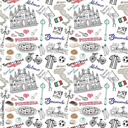 Tapety Mediolan Włochy wzór z ręcznie rysowane szkic elementów Katedra Duomo, flaga, mapa, pizza, transport i tradycyjne potrawy. Rysunkowa doodle wektorowa ilustracja, odizolowywająca na bielu