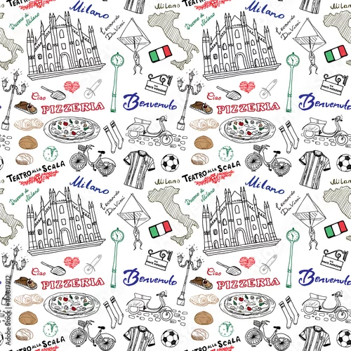 Tapety Mediolan Włochy wzór z ręcznie rysowane szkic elementów Katedra Duomo, flaga, mapa, pizza, transport i tradycyjne potrawy. Rysunkowa doodle wektorowa ilustracja, odizolowywająca na bielu