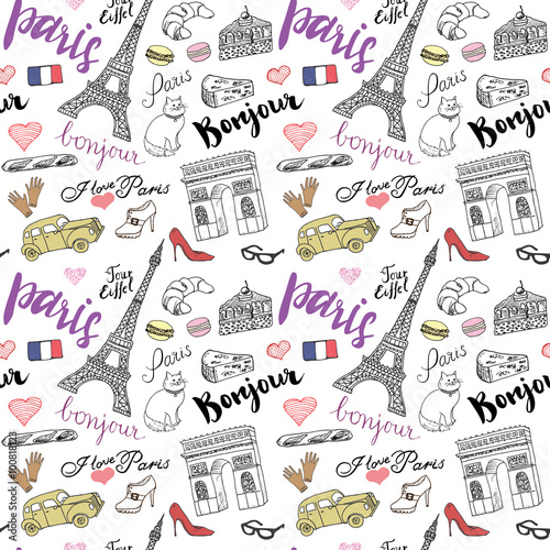 Tapety Wzór Paryża z ręcznie rysowane elementy szkicu - łuk triumf Wieża Eiffla, elementy mody. Rysunkowa doodle wektorowa ilustracja, odizolowywająca na bielu