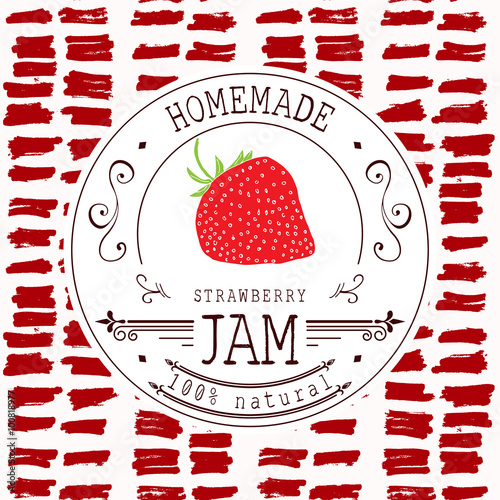 Jam label design template. for strawberry dessert product with hand drawn sketched fruit and background. Doodle vector strawberry illustration brand identity