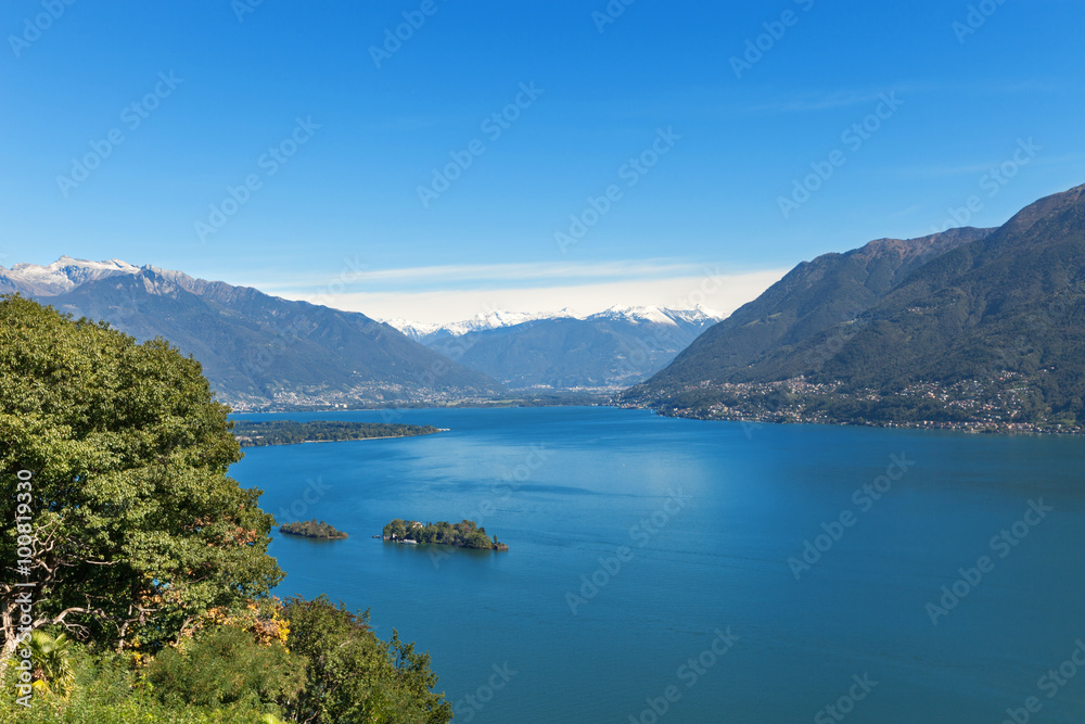 Panoramic of Lake Maggiore. Beautiful summer landscape of Switzerland