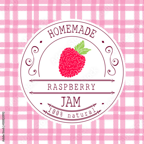 Jam label design template. for raspberry dessert product with hand drawn sketched fruit and background. Doodle vector raspberry illustration brand identity