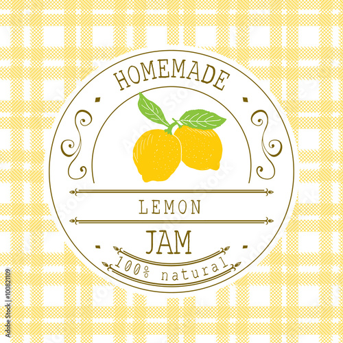 Jam label design template. for lemon dessert product with hand drawn sketched fruit and background. Doodle vector lemon illustration brand identity