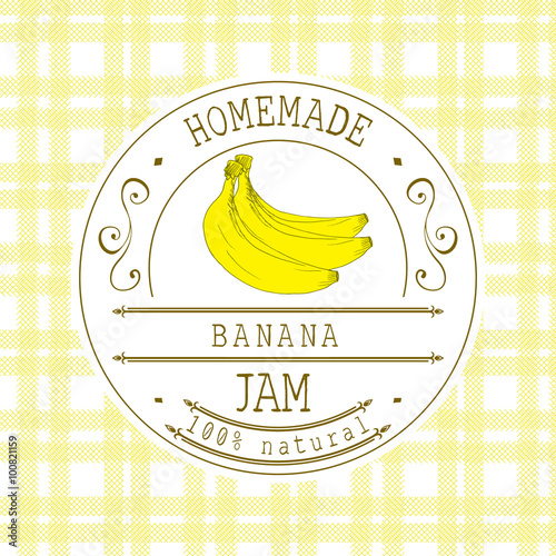 Jam label design template. for banana dessert product with hand drawn sketched fruit and background. Doodle vector Banana illustration brand identity