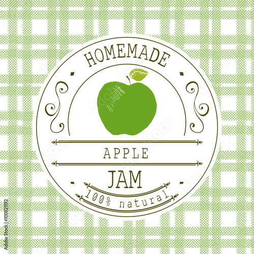 Jam label design template. for apple dessert product with hand drawn sketched fruit and background. Doodle vector apple illustration brand identity
