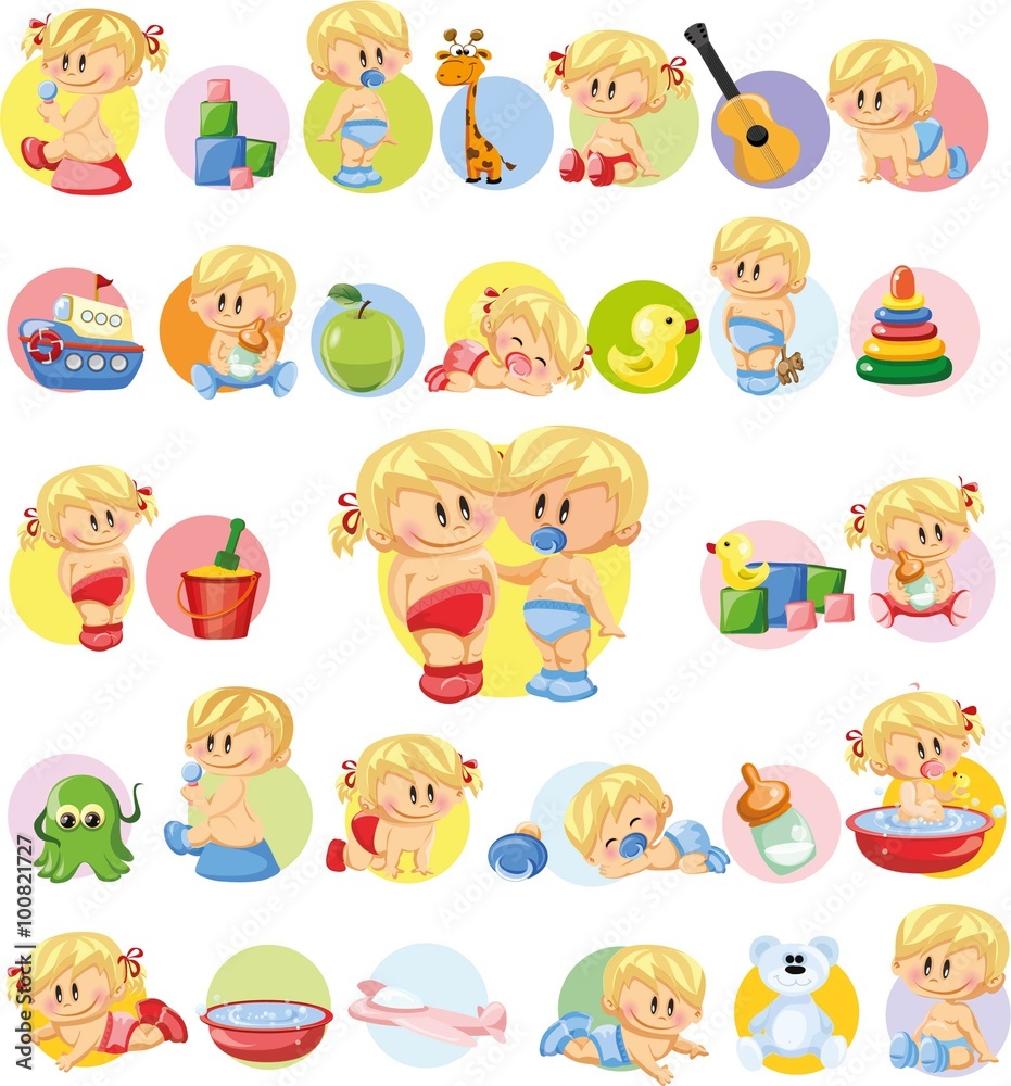 Vector illustration of baby boys and baby girls, kids toys and accessories