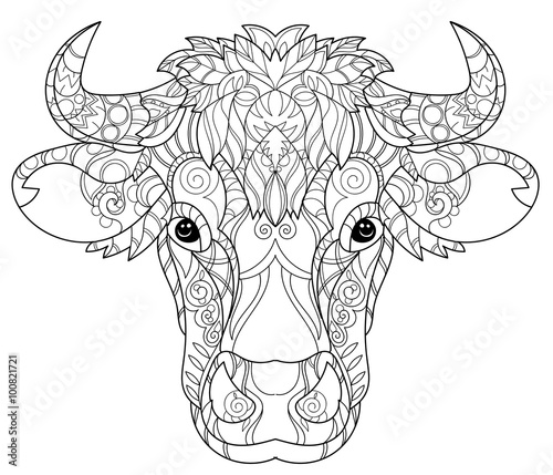 Hand drawn doodle outline cow head decorated with ornaments.Vector zentangle illustration.Floral ornament.