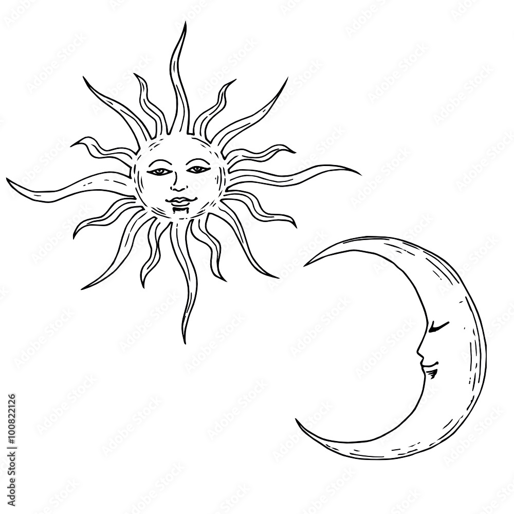 Vector illustration of Moon and Sun with faces Vector illustration of Moon and Sun with faces