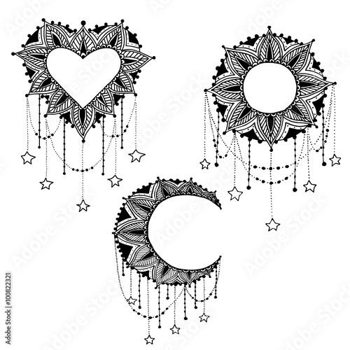 Hand-drawn moon sun heart mandala dreamcatcher with feathers. Ethnic illustration, tribal, American Indians traditional symbol.