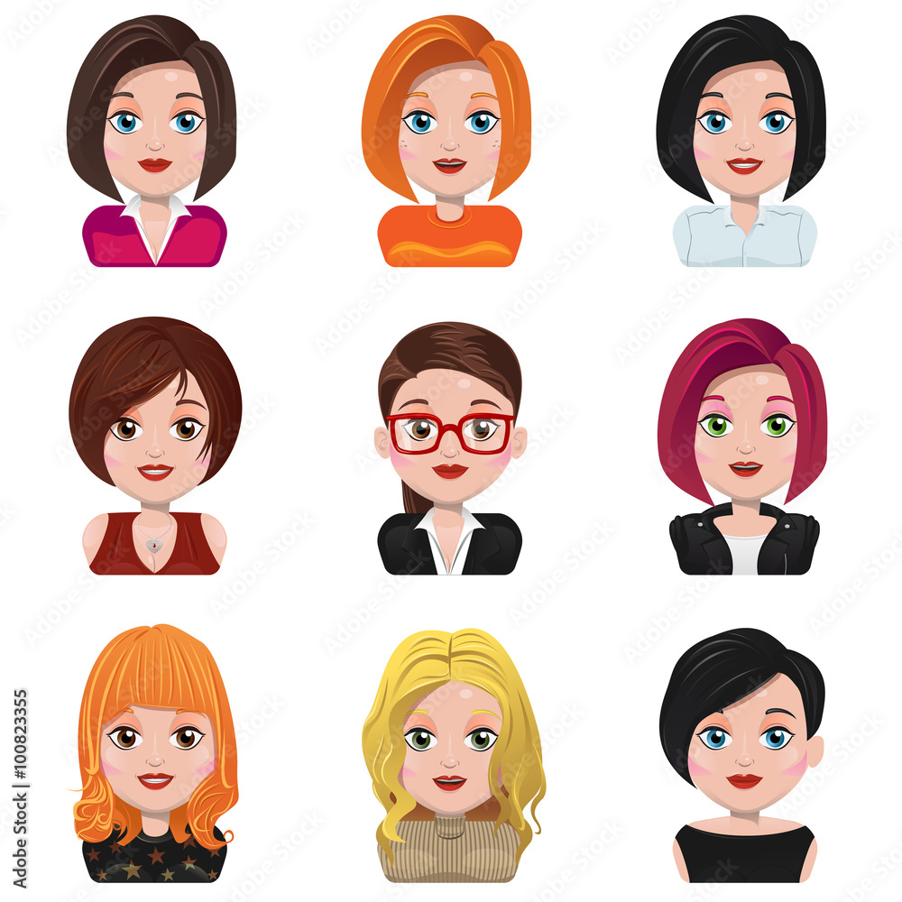 Set of vector avatar women faces with different hairstyles and clothin Set of vector avatar women faces with different hairstyles and clothin