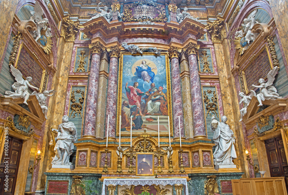 ROME, ITALY - MARCH 25, 2015: Side altar of baroque church Basilica dei Santi Ambrogio e Carlo with altarpece The Immaculate Conception with the Doctors of the Church by Carlo Maratta (1625 - 1713)