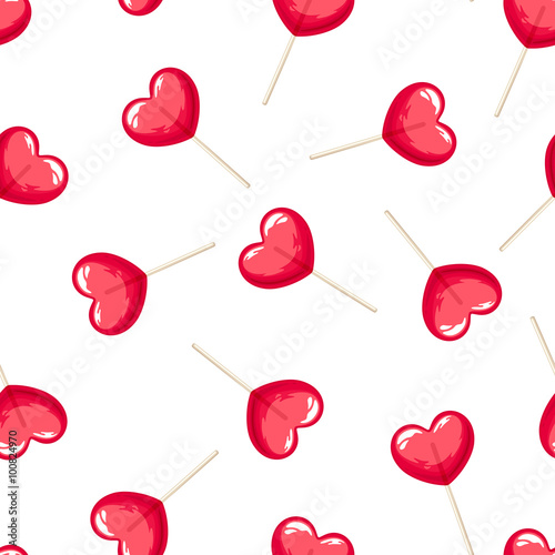 Vector Valentine's seamless pattern with red heart lollipops on a white background © naddya