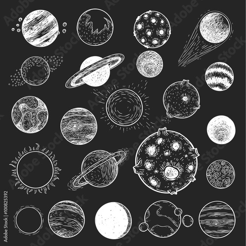 Set of planets icon, hand drawn vector illustration.