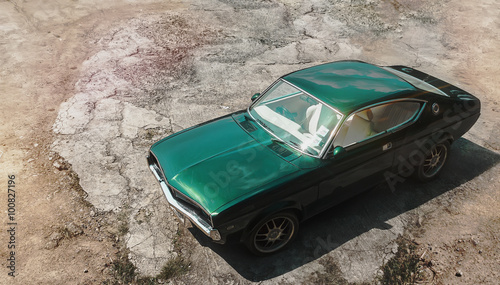 Obraz na płótnie Green muscle retro car on the sand road w salonie