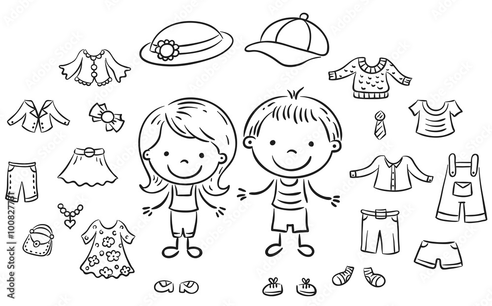 Summer clothes set for a boy and a girl, black and white outline vector
