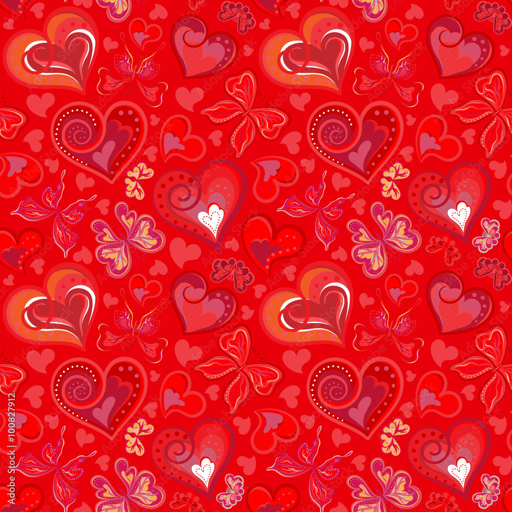 Fototapeta premium Hearts seamless pattern. Doodle hand draw vector background