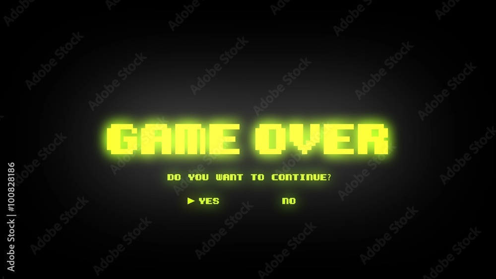 GAME OVER DO YOU WANT TO CONTINUE WITH GLITCH EFFECT 4k. loop of Game over Screen.