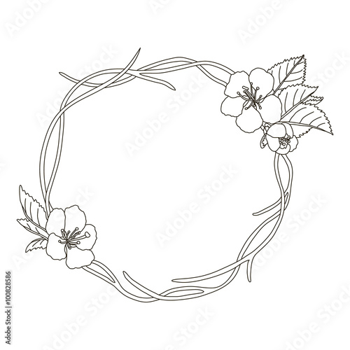 Stock vector hand drawn wreath with cherry blossom on branches round frame