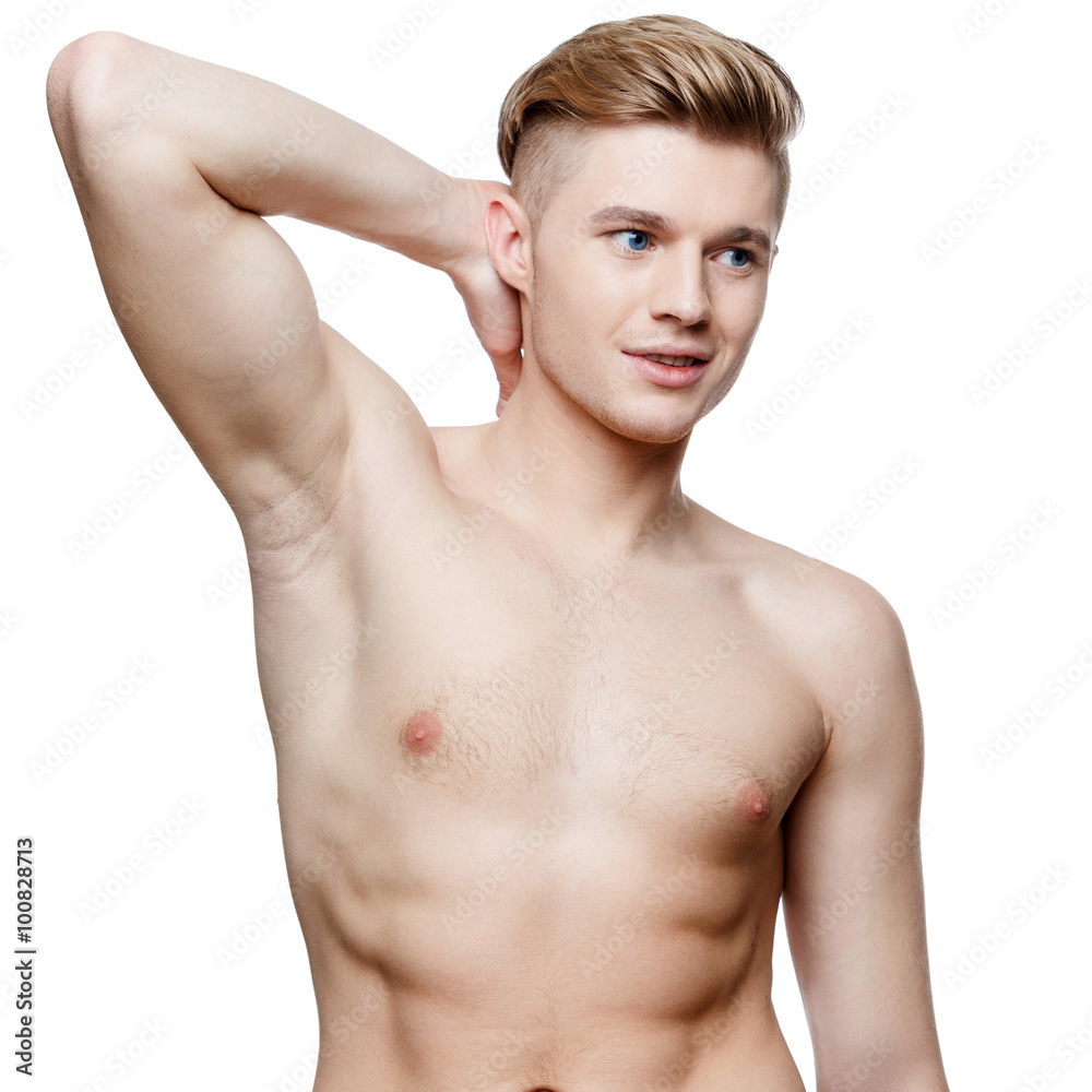 Obraz premium Young shirtless man isolated on white