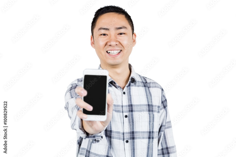 Portrait of happy man showing smart phone Portrait of happy man showing smart phone