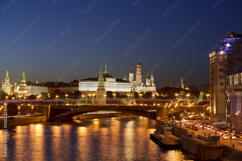 Night views of Moscow, the river, the bridge and the Kremlin, Russia