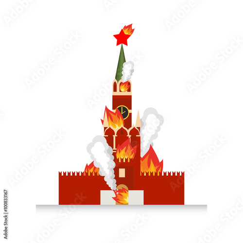 Moscow Kremlin afire. National landmark Russia lit fire. Smoke a