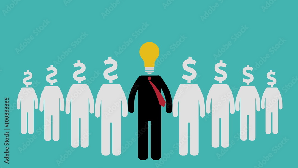 Think Different Concept- Idea Concept. leader of a group with with lamp instead of his head and the others with a dollar sign. be different concept.