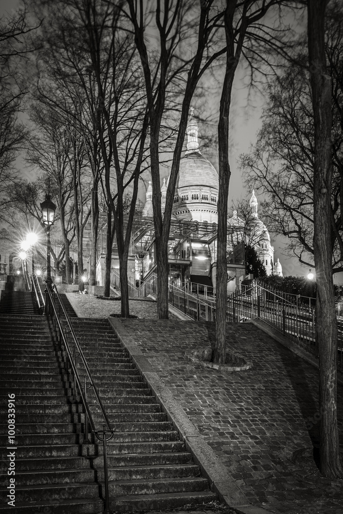 Naklejka premium Schody prowadzące do Bazyliki Najświętszego Serca (Bazylika Sacre Coeur) w nocy na Montmartre - czarno-białe, Paryż, Francja