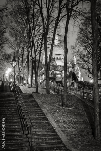 Stairs leading to the Basilica of the Sacred Heart (Sacre Coeur Basilica) at night in Montmartre - Black and White, Paris, France
