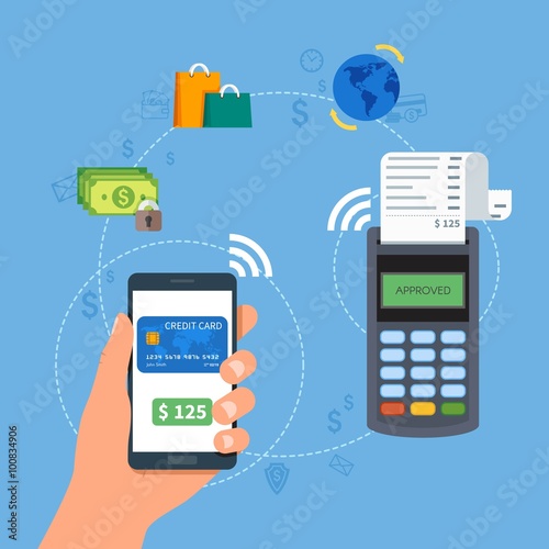 Mobile payments with smartphone. Payment terminal concept. Online transactions, paypass and NFC. Cartoon flat style vector illustration.