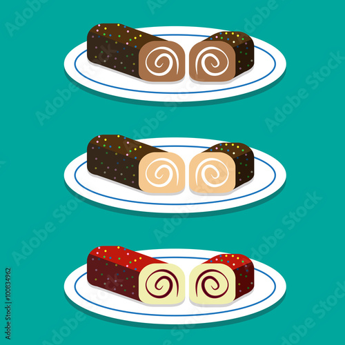 Set of Swiss roll on dish in flat style